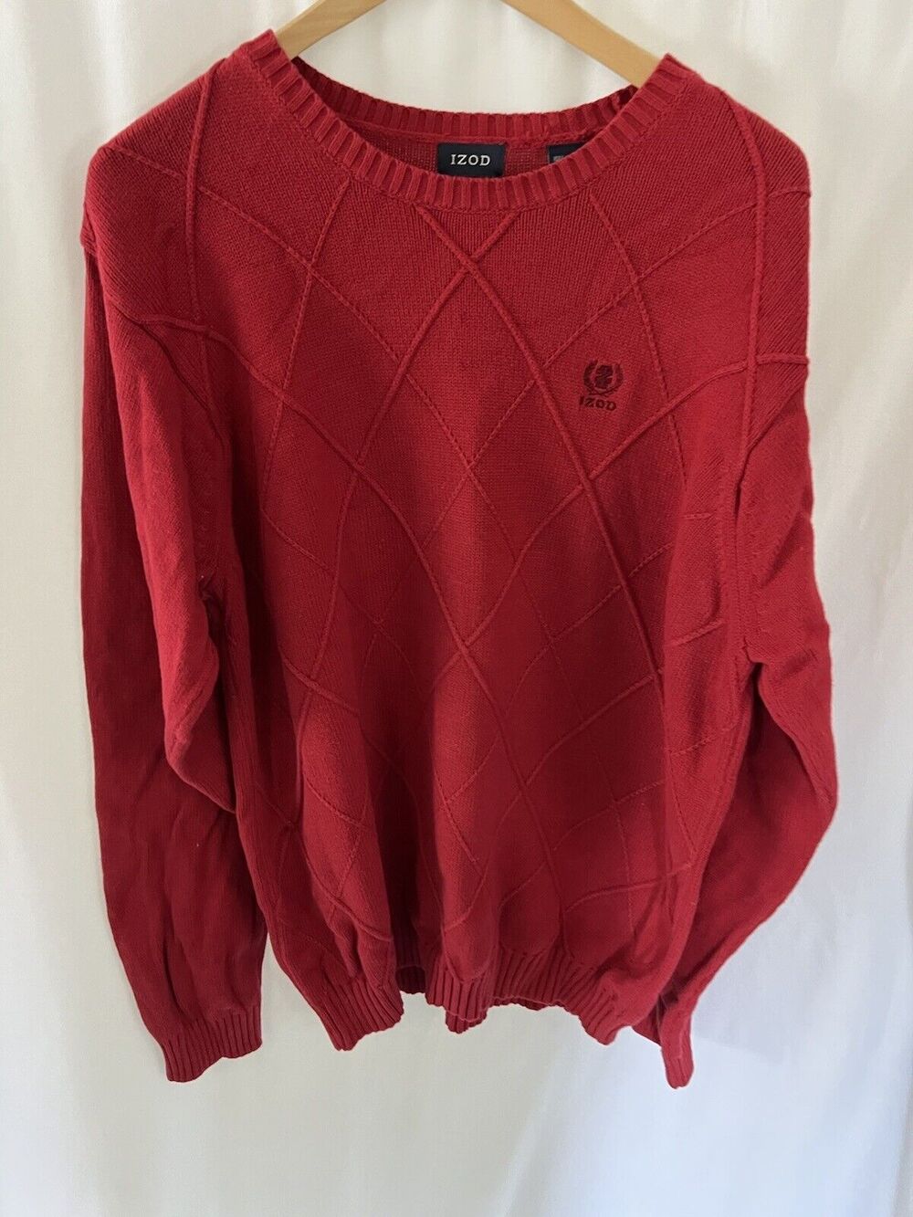 Izod Sweater Cotton Diamond Front Knit Long Sleeve Red XL